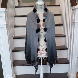 Gray & Black Ombre Wrap Shawl w Fur Pom Poms ❄️